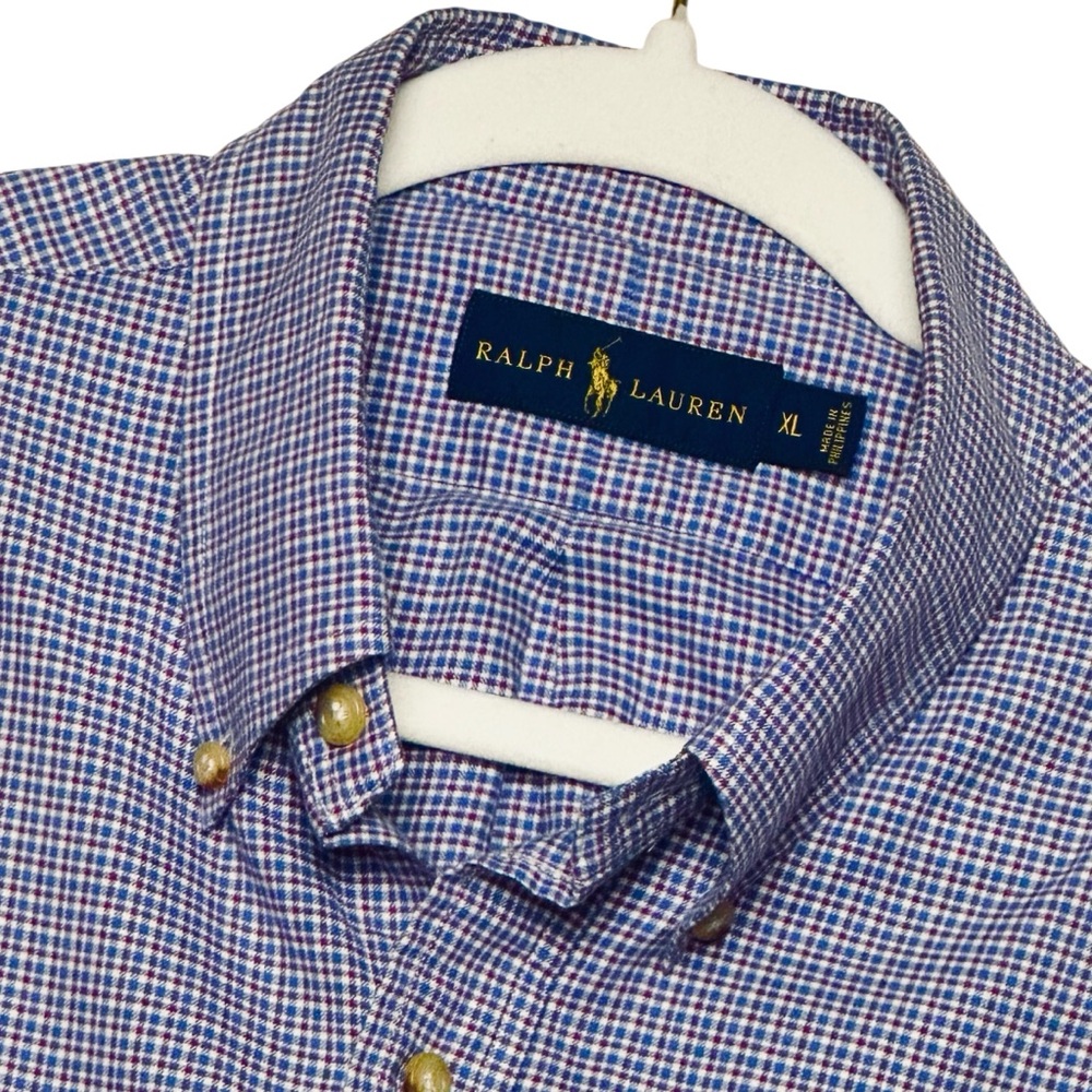 Polo Ralph Lauren XL Blue Maroon Mini Plaid Cotton Button DownLong Sleeve Shirt